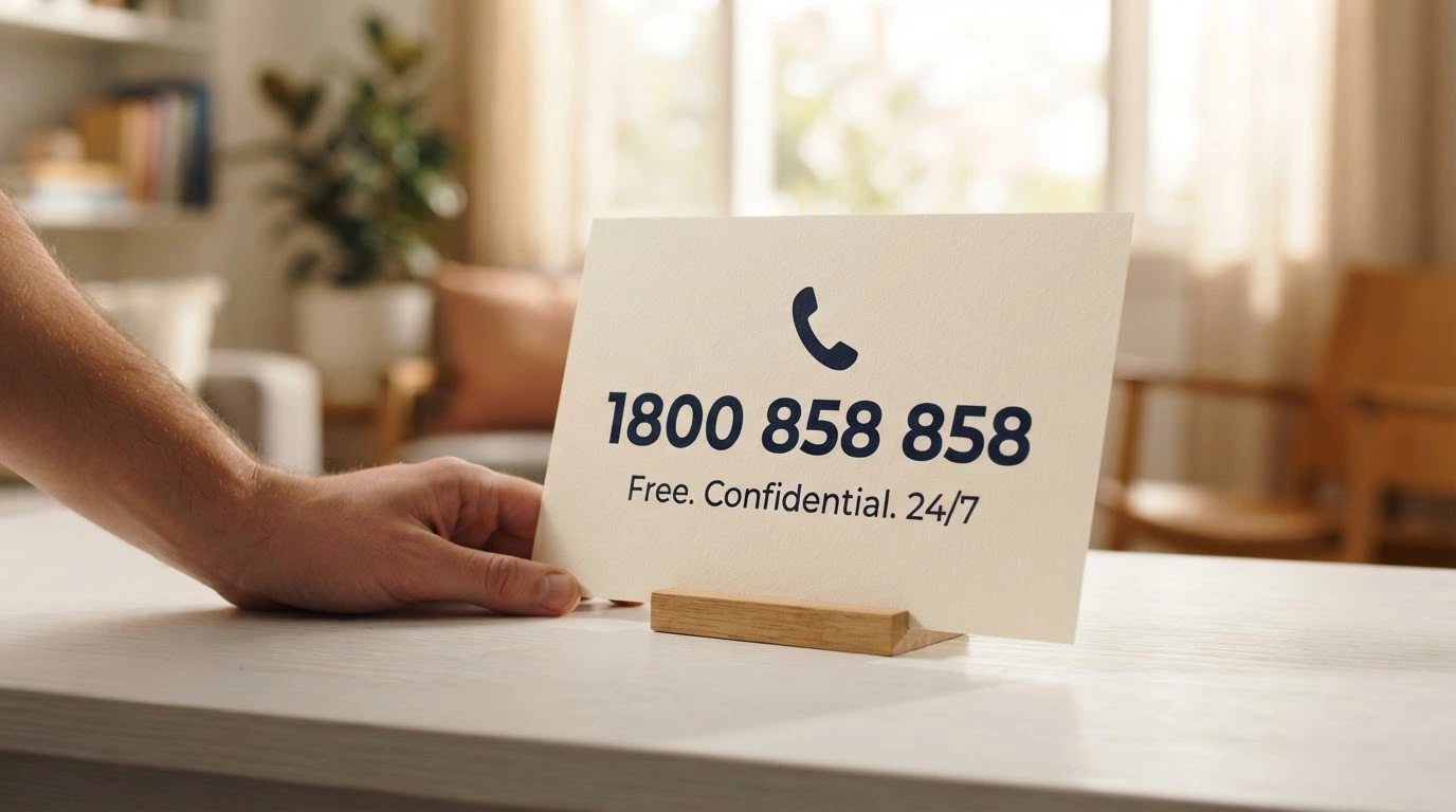 A calm, well-lit help-resource card displaying the National Gambling Helpline number 1800 858 858 and the BetStop and Gambling Help Online logos