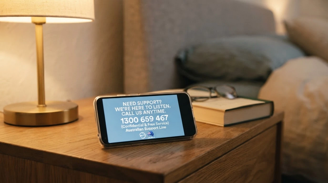 A phone screen showing the Gambling Help Online website or the 1800 858 858 helpline number