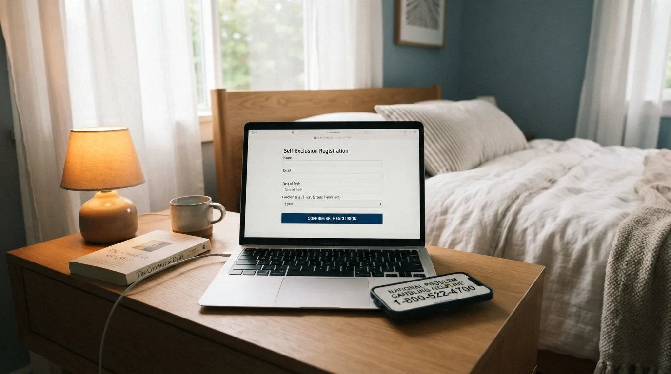 A BetStop registration screen on a laptop next to a phone displaying the 1800 858 858 helpline number, with a quiet, well-lit domestic setting