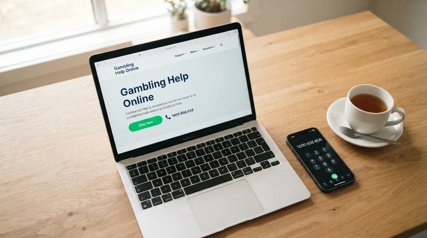 A calm desktop scene: a screen showing the Gambling Help Online homepage and a phone showing 1800 858 858 on the dialler