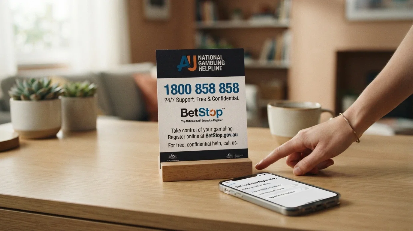 A help-resource card with the National Gambling Helpline number 1800 858 858 and BetStop logo, with a red cross through an offshore casino logo beside it