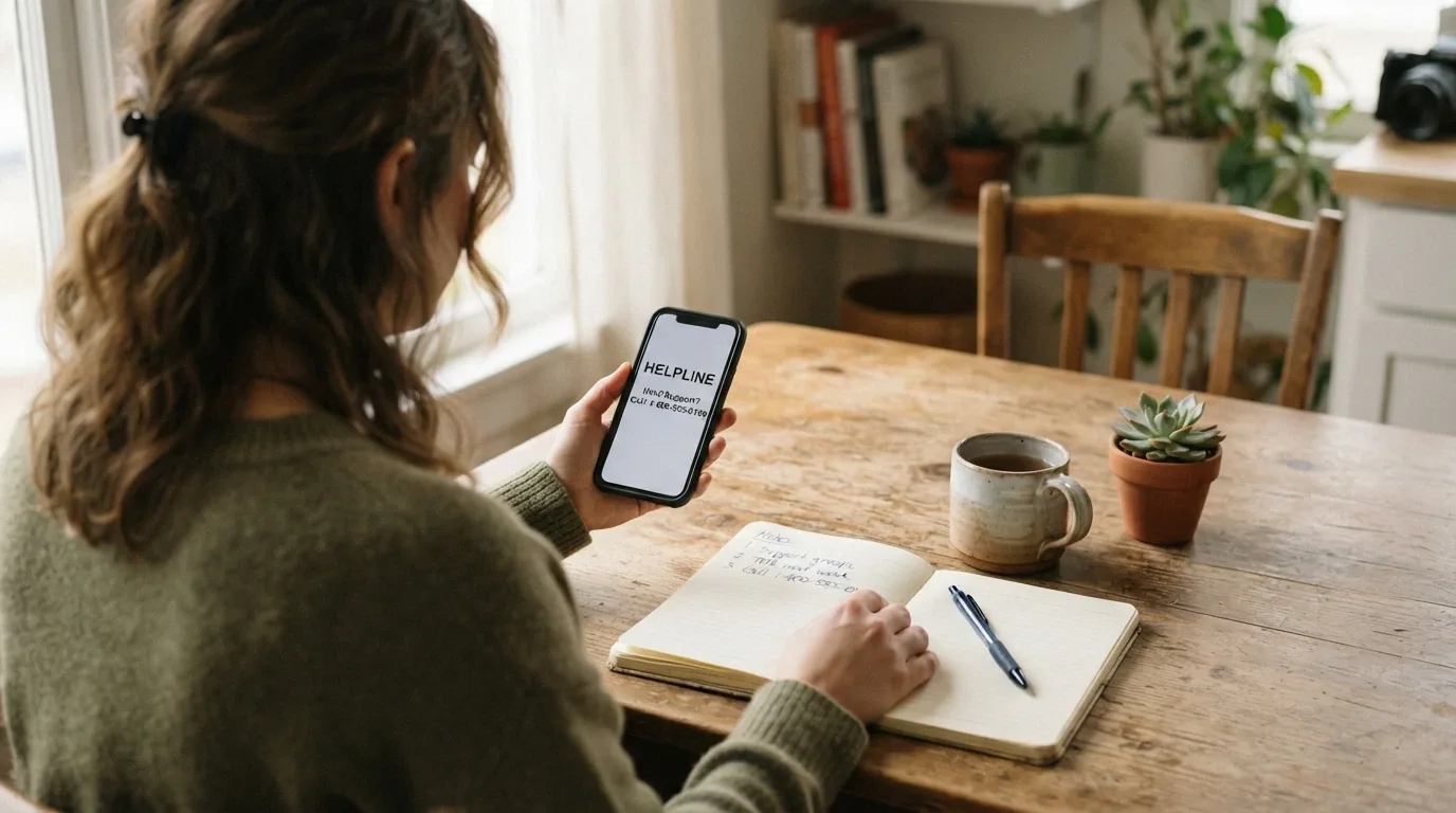 A calm, supportive scene — a person on a phone with a notepad, with the number 1800 858 858 visible as if on screen