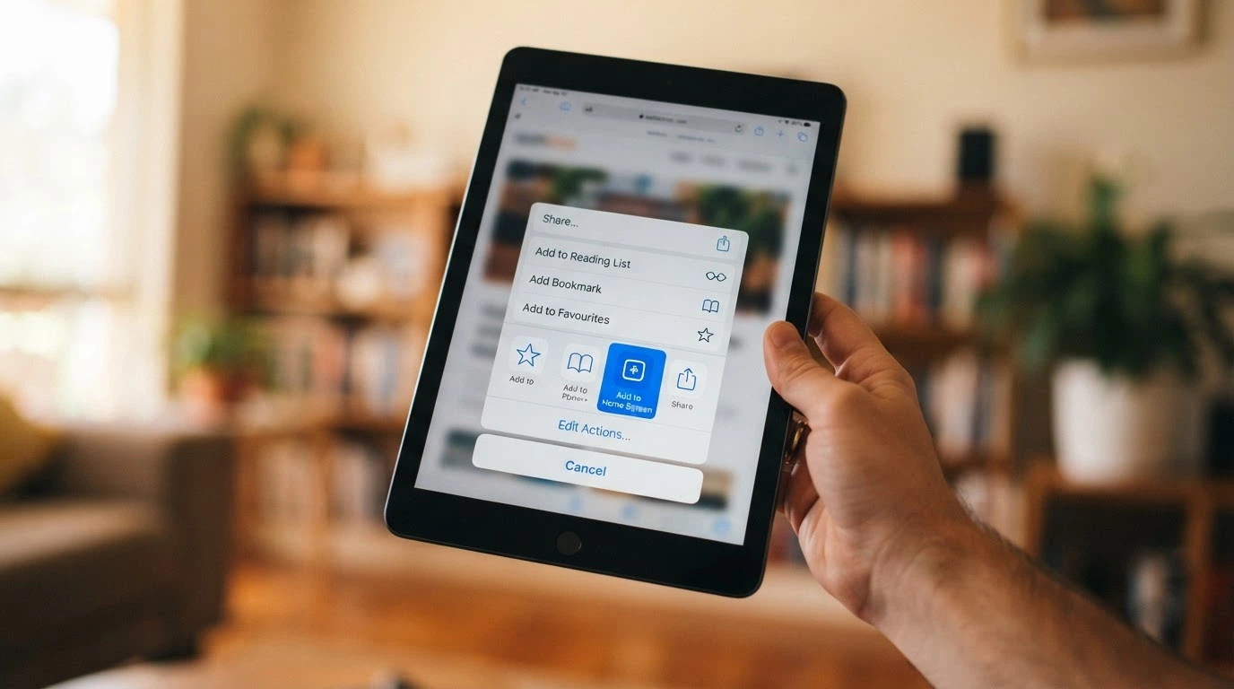 Close-up of an iPad screen showing the Safari Share menu with the Add to Home Screen option highlighted