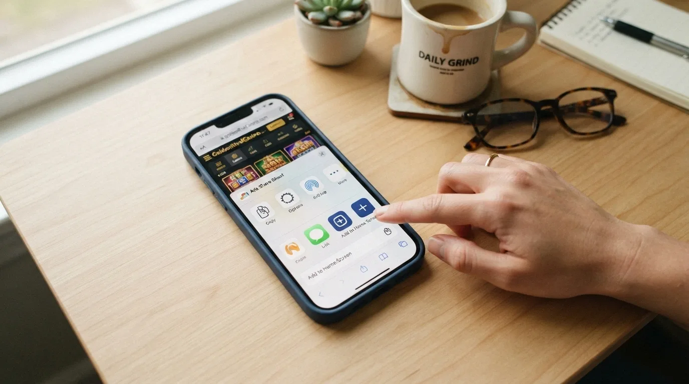 A hand tapping the “Add to Home Screen” option in the Safari Share sheet on an iPhone, with a casino site open in the background