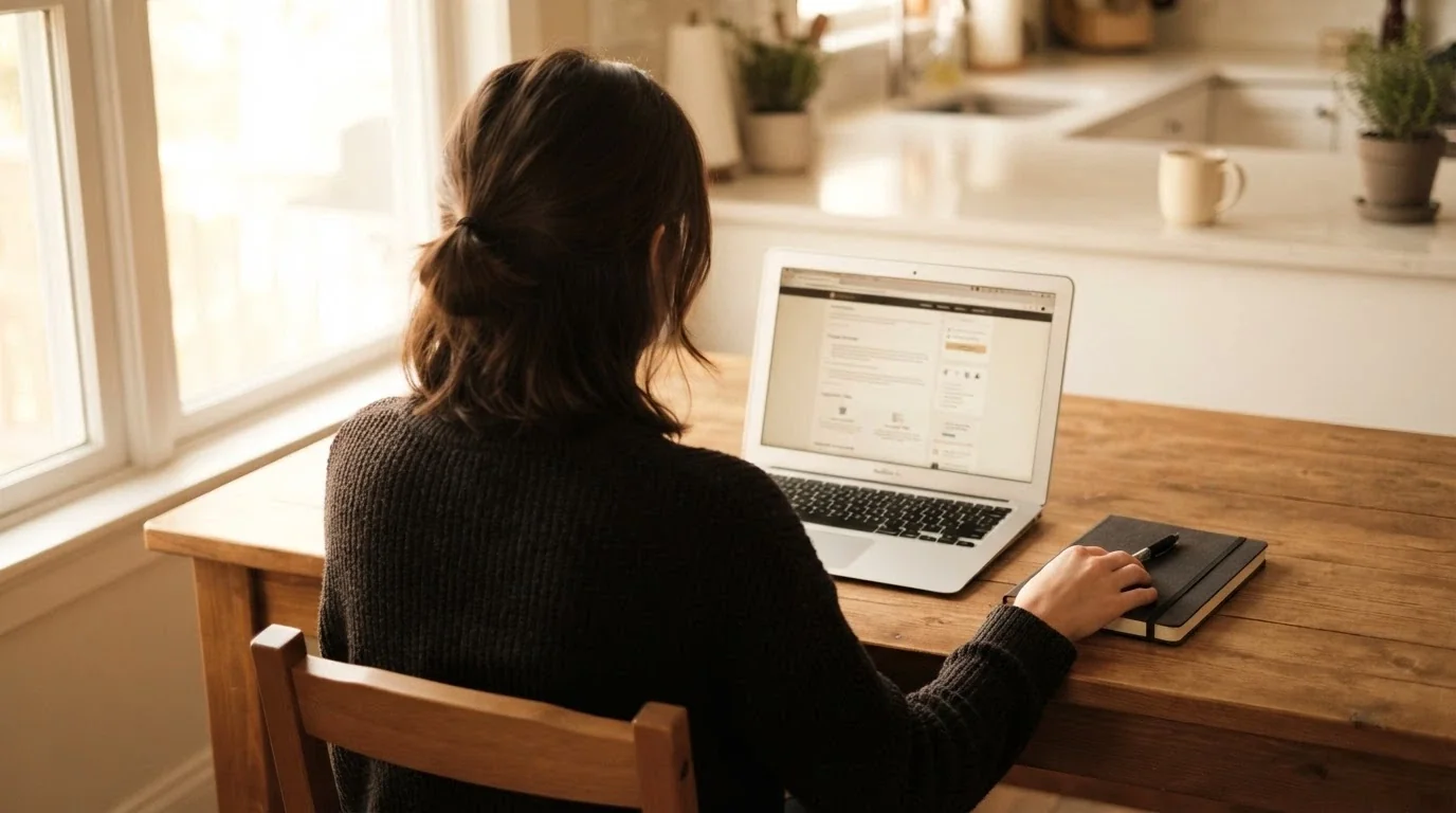 An Australian player looking at a laptop screen with a thoughtful expression, a notepad or list visible nearby