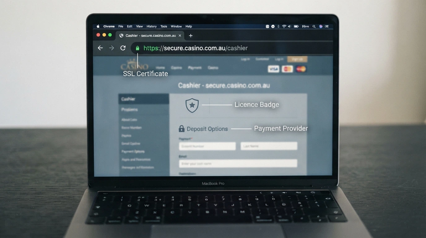 A close-up of a browser address bar showing the padlock icon and “https://” on a casino cashier page, with callout labels pointing to the SSL certificate, the payment provider logo and the licence badge