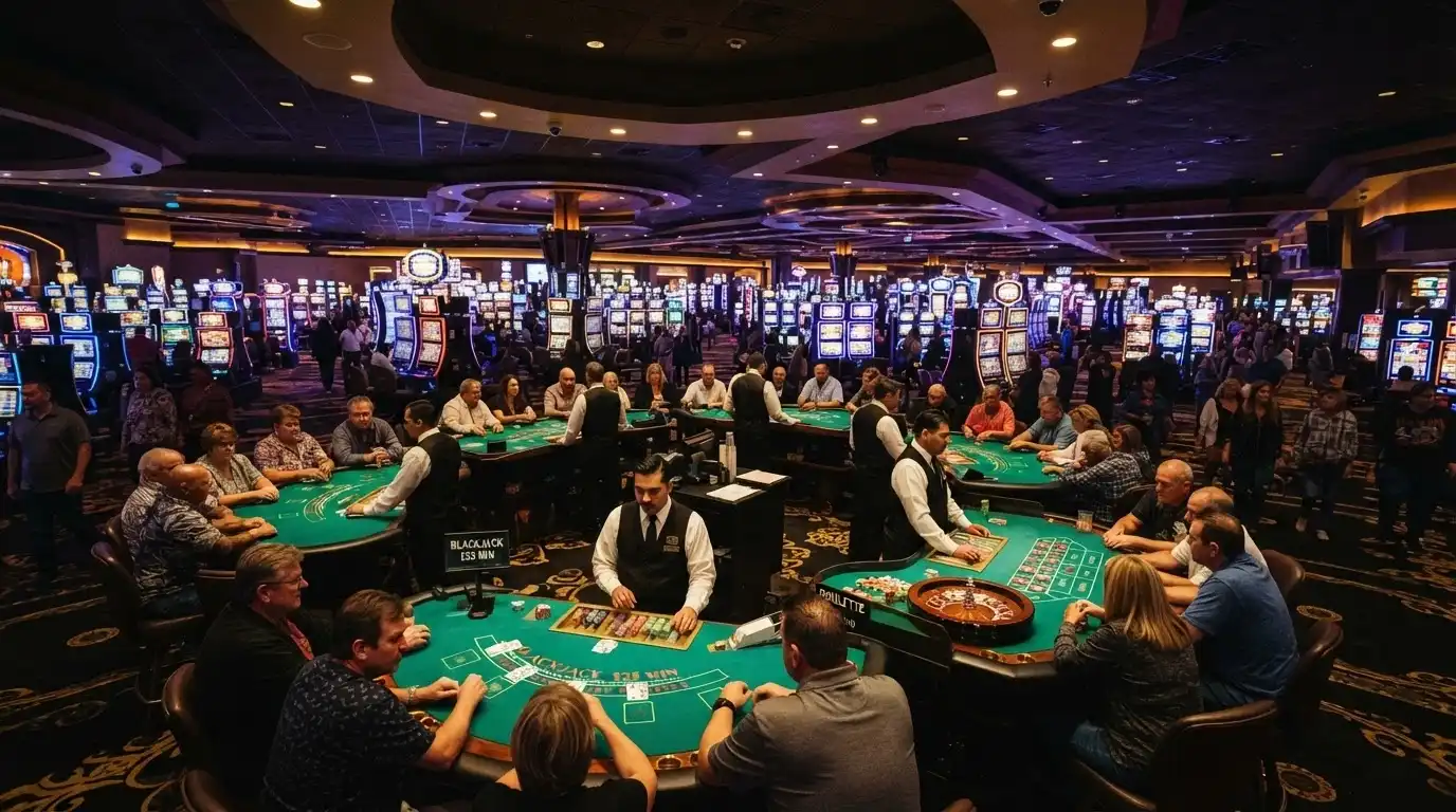 Rows of gaming tables and pokies machines spread across the main gaming floor at SkyCity Adelaide