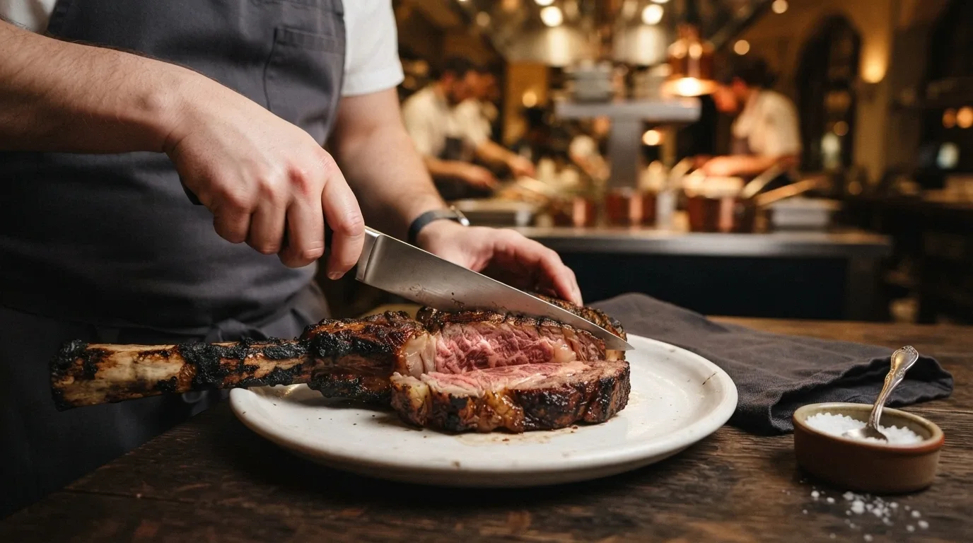A MB8–9+ full-blood wagyu tomahawk steak sliced tableside at The Kitchen, SkyCity Adelaide