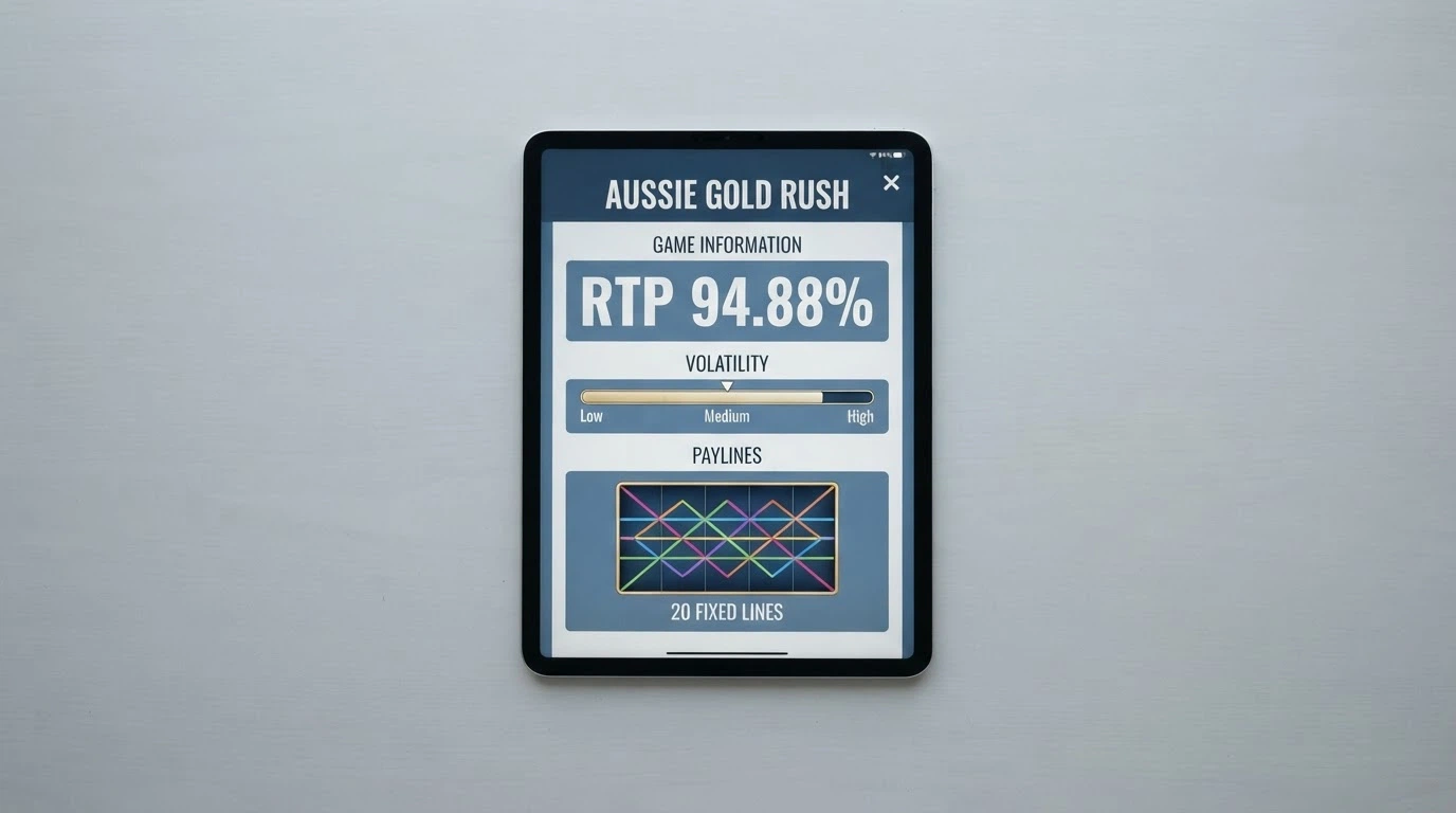 iPad screen showing a slot game information panel with RTP percentage and volatility rating displayed