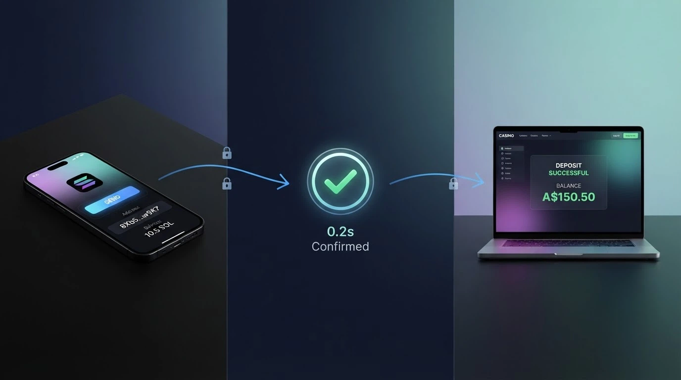 Step-by-step diagram of a Phantom wallet sending SOL to a casino deposit address, with a confirmation screen and a withdrawal flow shown