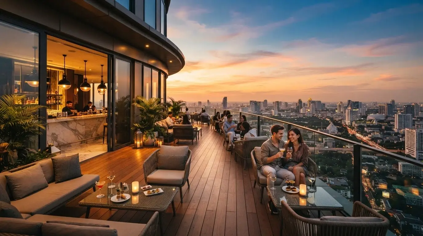 The Sôl Rooftop bar on Level 9 with indoor and outdoor seating and panoramic views across the Adelaide skyline