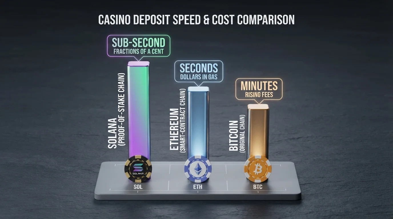 Comparison graphic showing Solana transaction confirmation time and cost against Ethereum and Bitcoin for a typical casino deposit amount