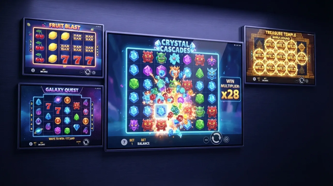 Screenshot collage of several Solana-accepting slot games including Reactoonz with its 7-by-7 grid and cascading symbol mechanic