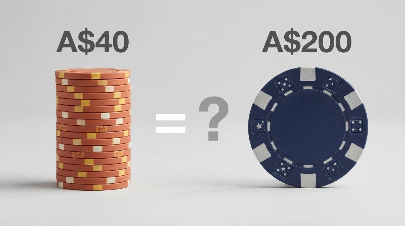 A side-by-side visual comparing a stack of 200 coins at twenty cents each against a single $200 note, with an equals sign and a question mark