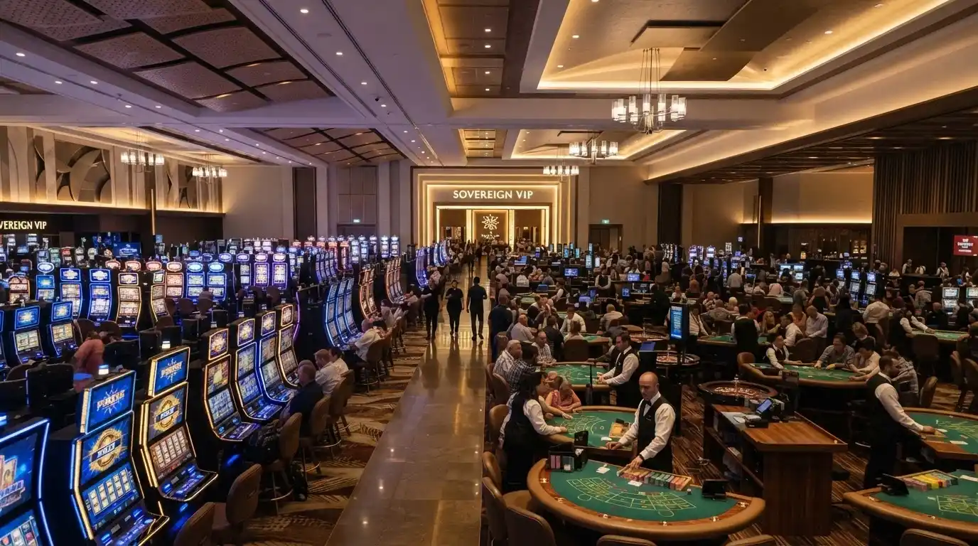 Rows of poker machines and gaming tables across the main casino floor at The Star Brisbane
