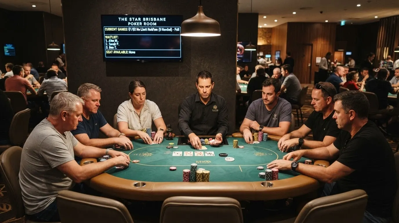 Eight-handed poker tables with digital waitlist displays inside The Star Brisbane poker room