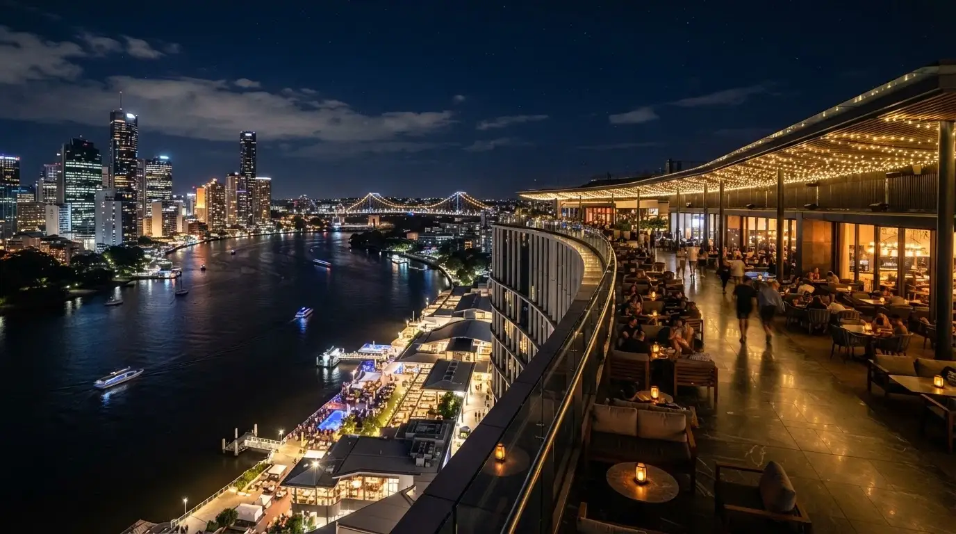 The 250-metre Sky Deck rooftop runway at night, 100 metres above the Brisbane River