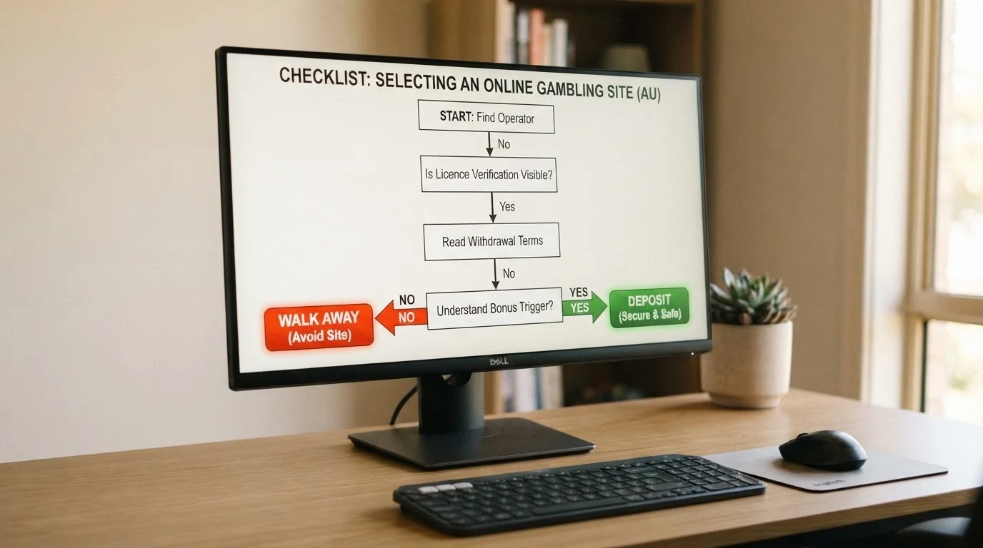 A simple decision-flow diagram on a desktop screen: three yes/no questions about licence verification, withdrawal terms and bonus trigger leading to a deposit or walk-away outcome
