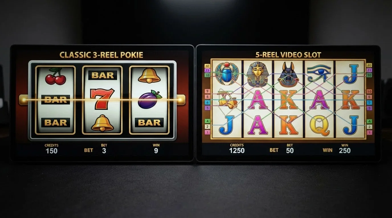 Side-by-side comparison of a 3-reel pokie grid and a 5-reel video slot grid, the 3-reel side showing one payline lit and the 5-reel side showing dozens of ways-to-win lines