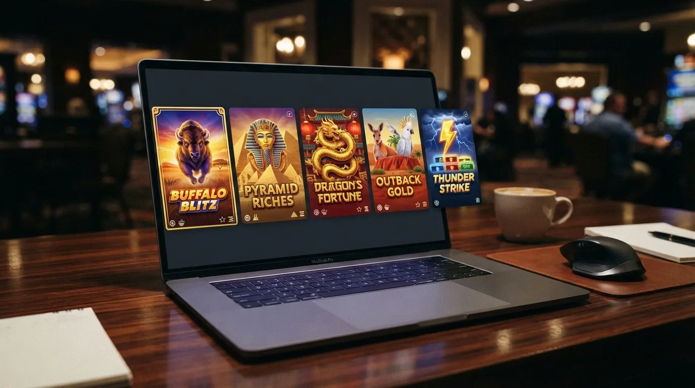 A line-up of Aristocrat pokie title cards featuring Buffalo, Queen of the Nile, 5 Dragons, Big Red and Lightning Link