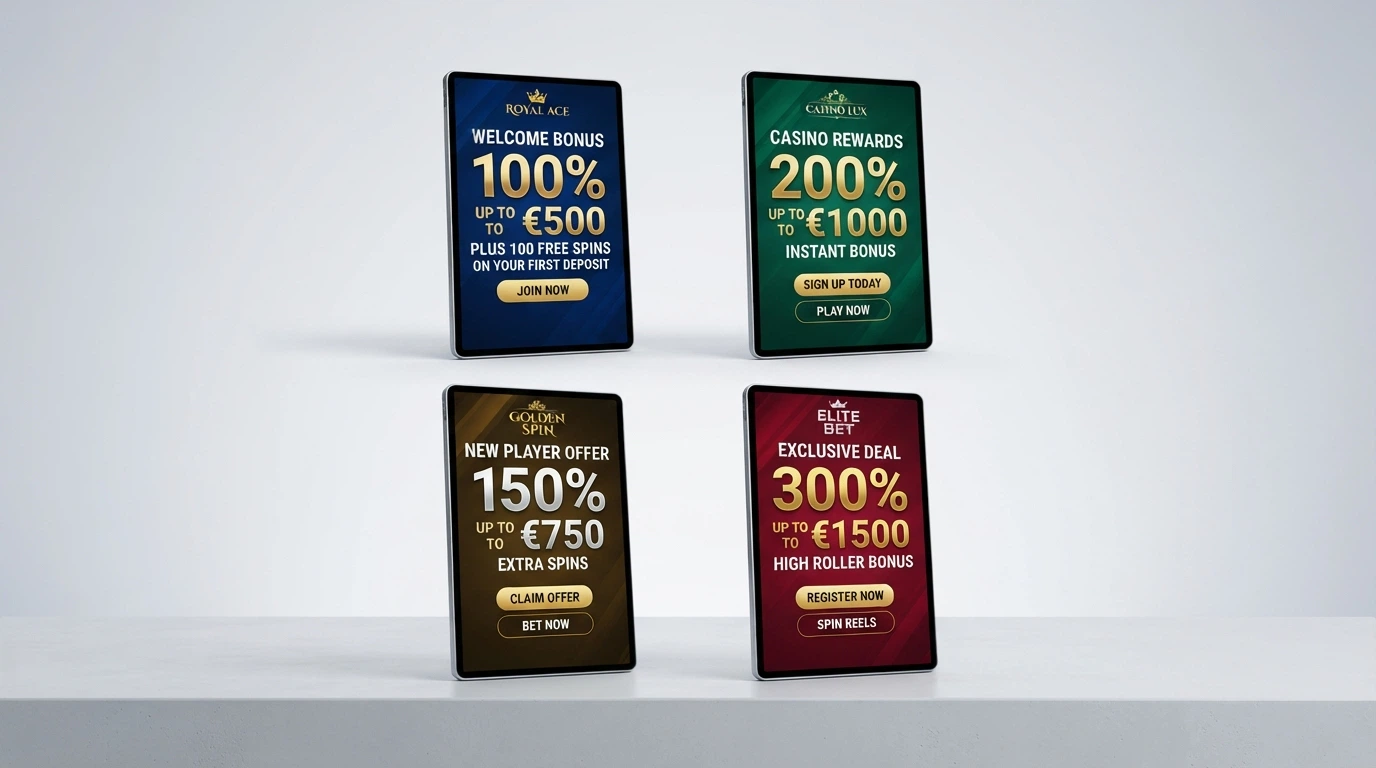 Four casino lobby screens arranged in a grid on a desktop monitor, each displaying a different welcome-bonus banner with the match percentage and maximum bonus amount clearly visible