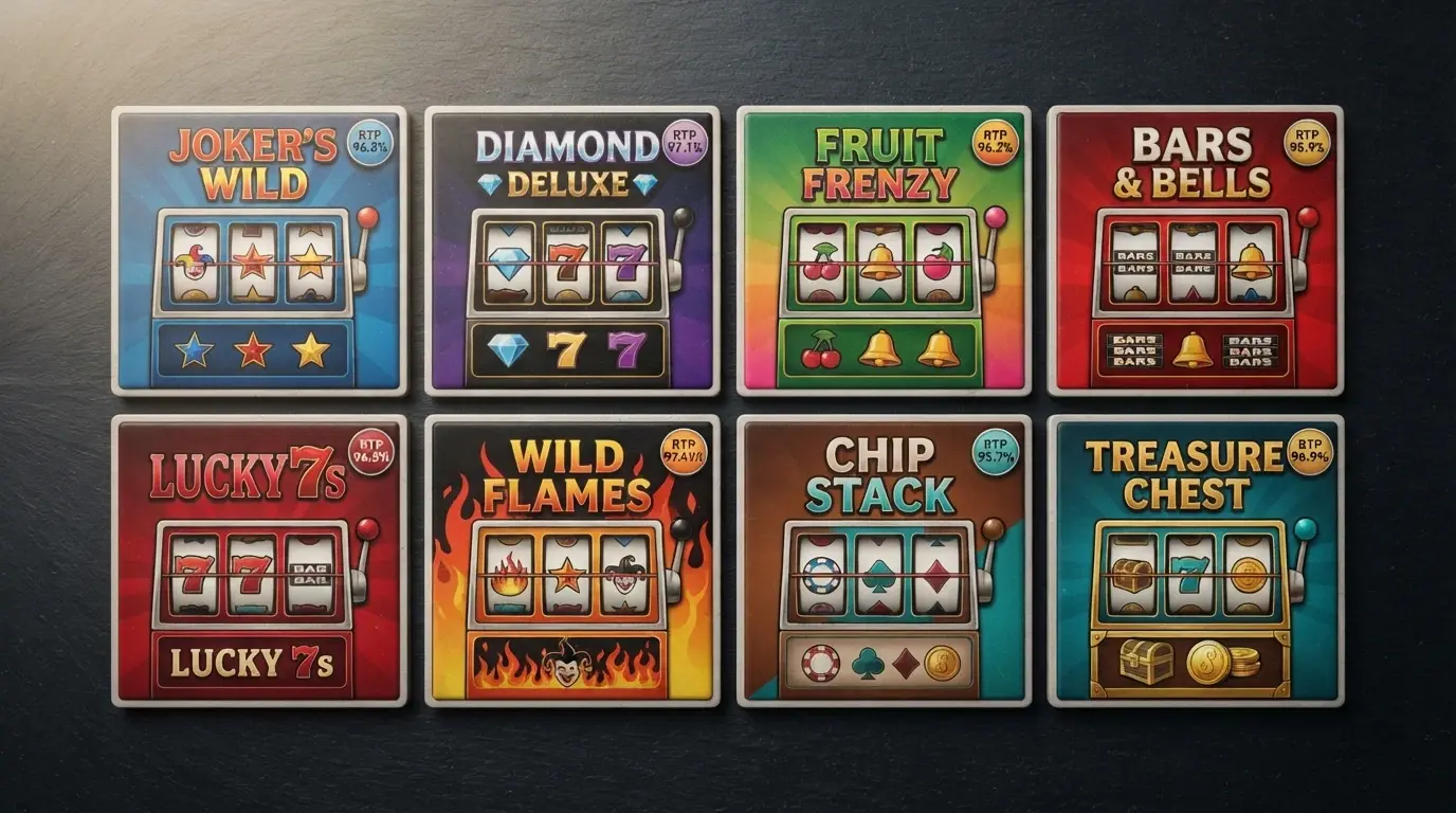 A collage of the eight featured 3-reel title cards — Mega Joker, Jackpot 6000, Fire Joker, Break Da Bank, Triple Diamond, Double Diamond, Lightning Joker and Money Money Money — arranged in RTP order