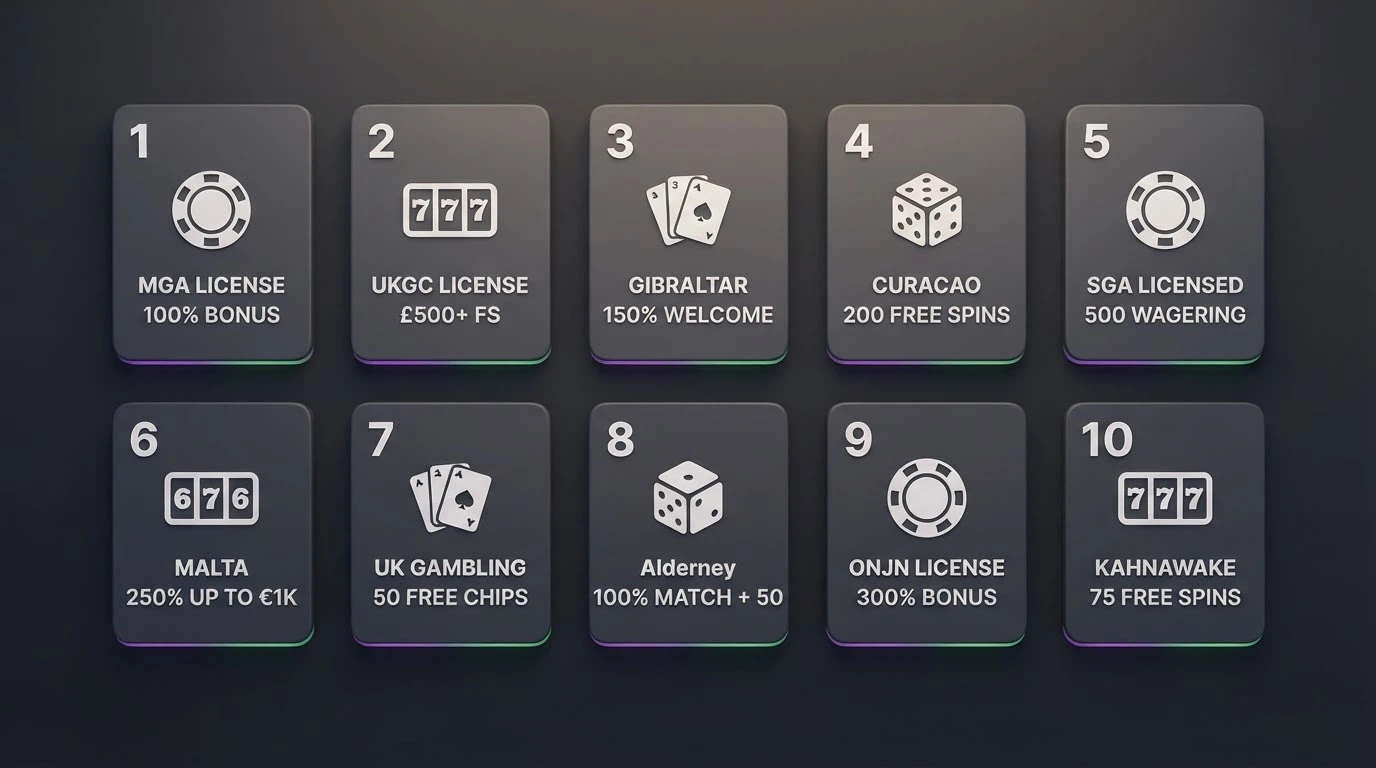 Grid layout of ten casino brand cards arranged for side-by-side comparison, with licence jurisdiction and bonus figure beneath each