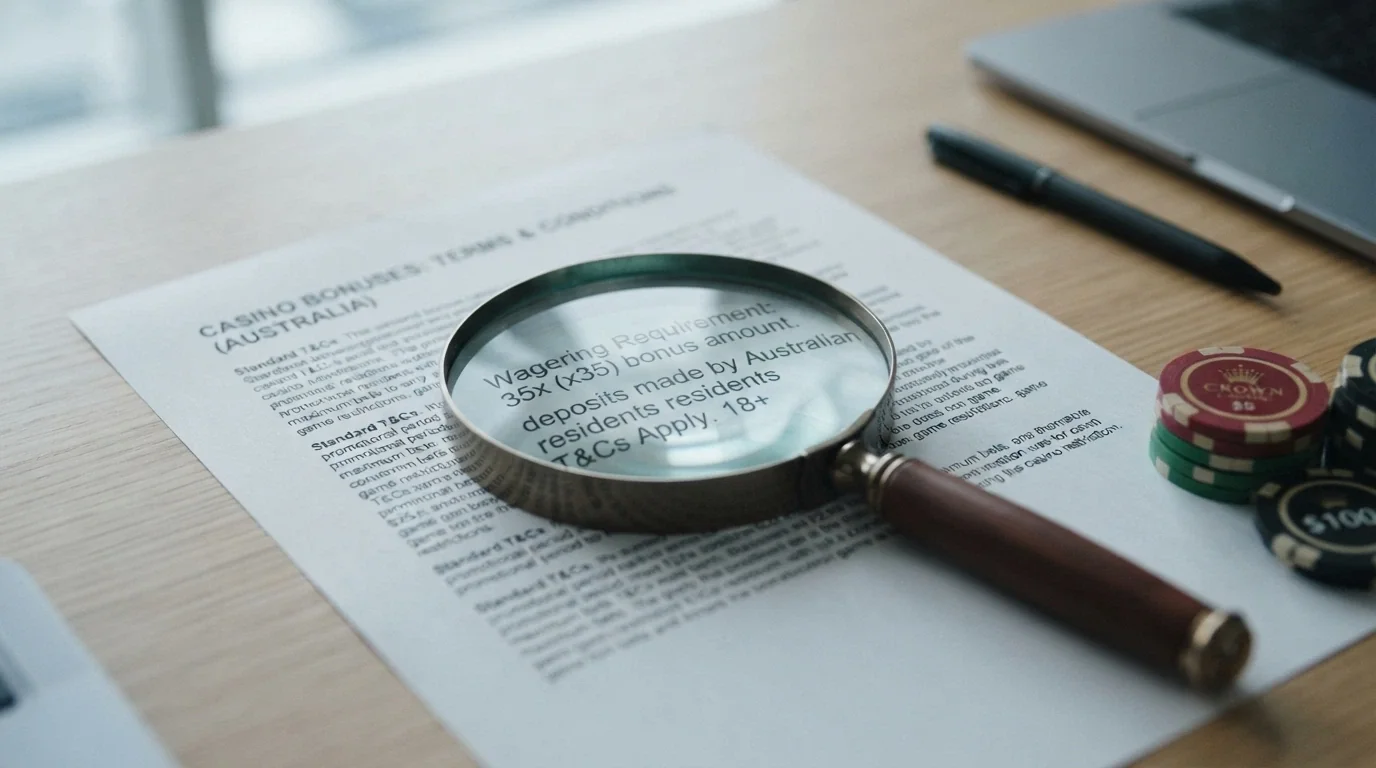 A magnifying glass over casino bonus terms and conditions, with a wagering-requirement figure (e.g. 35x) highlighted
