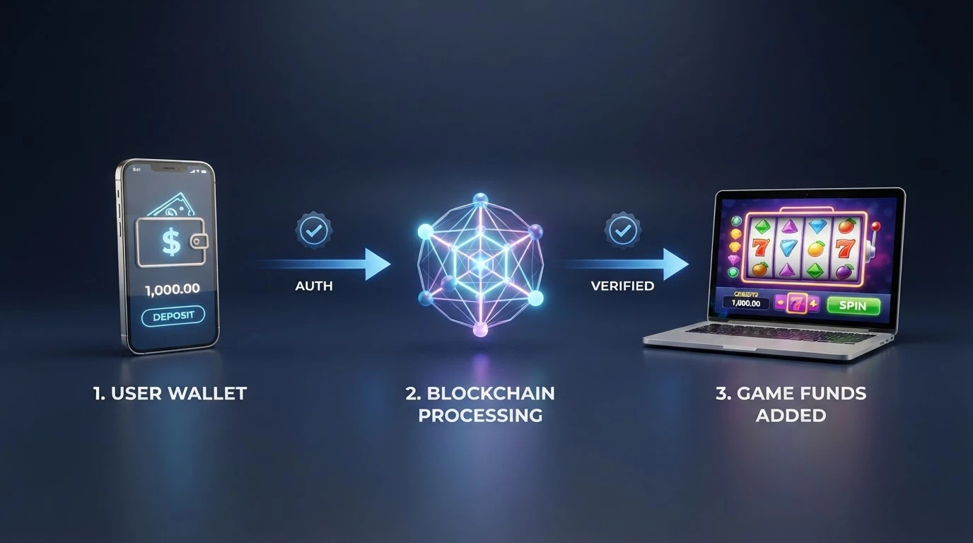 A simplified visualisation of the USDT deposit flow — wallet to casino address to playable balance — with network confirmation icons