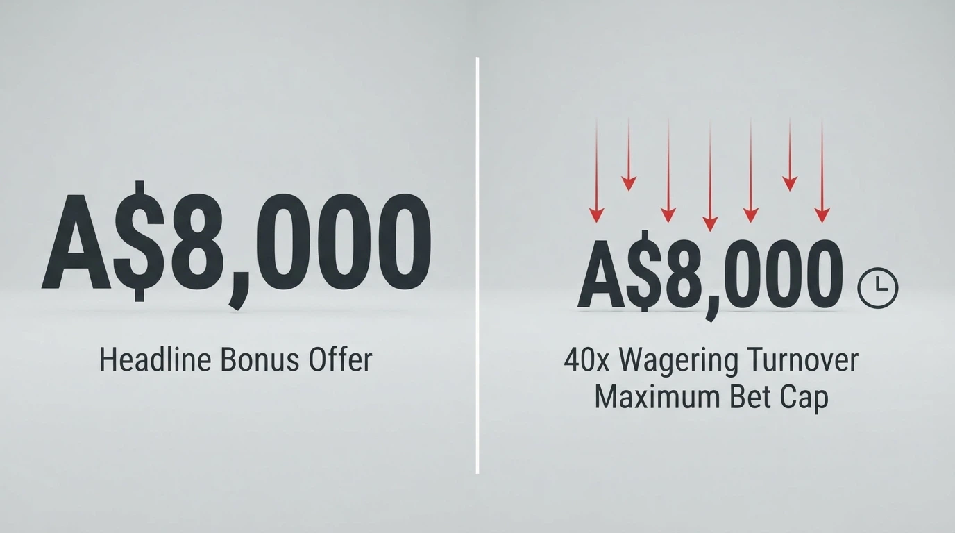 A split illustration: on the left a large A$8,000 bonus headline, on the right the same figure with arrows showing the 40x wagering turnover and the max-bet cap eating into it
