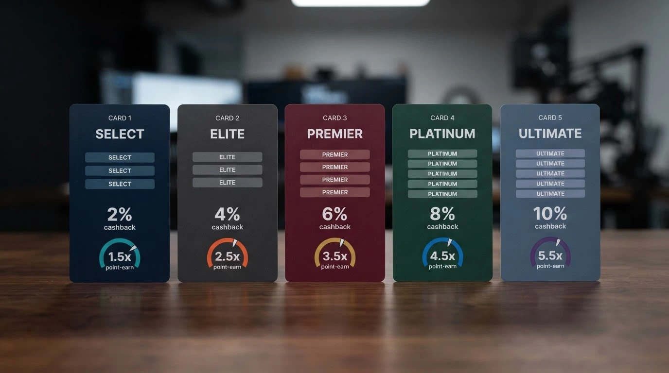 A visual comparison of casino brand cards arranged side by side, each showing a different VIP program structure — tier counts, cashback rates and point-earn speeds