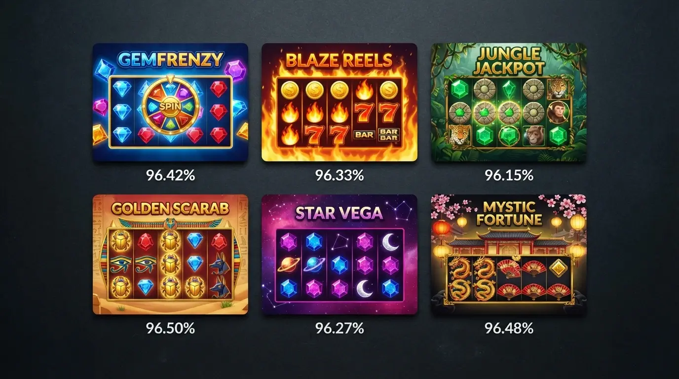 A grid of slot-title cards featuring high-RTP pokies from studios including NetEnt, Big Time Gaming and Pragmatic Play, with RTP percentages displayed beneath each