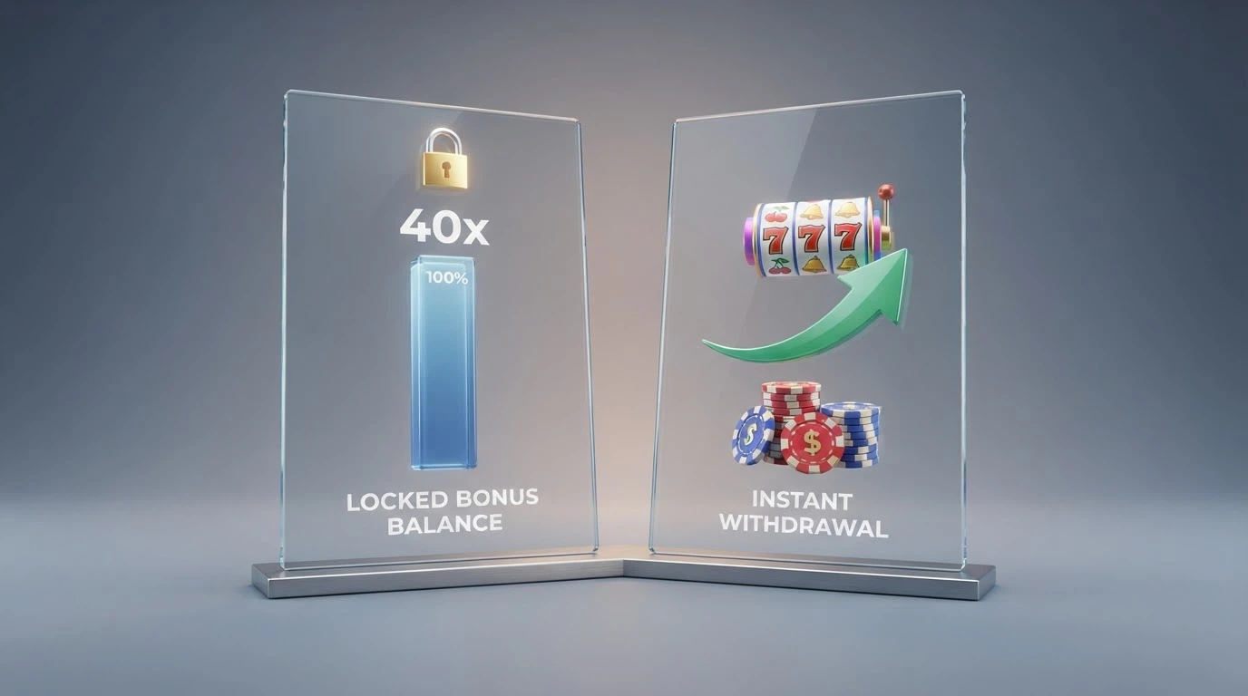 A visual diagram comparing a standard bonus with a 40x playthrough bar against a wager-free bonus with a direct withdrawal arrow