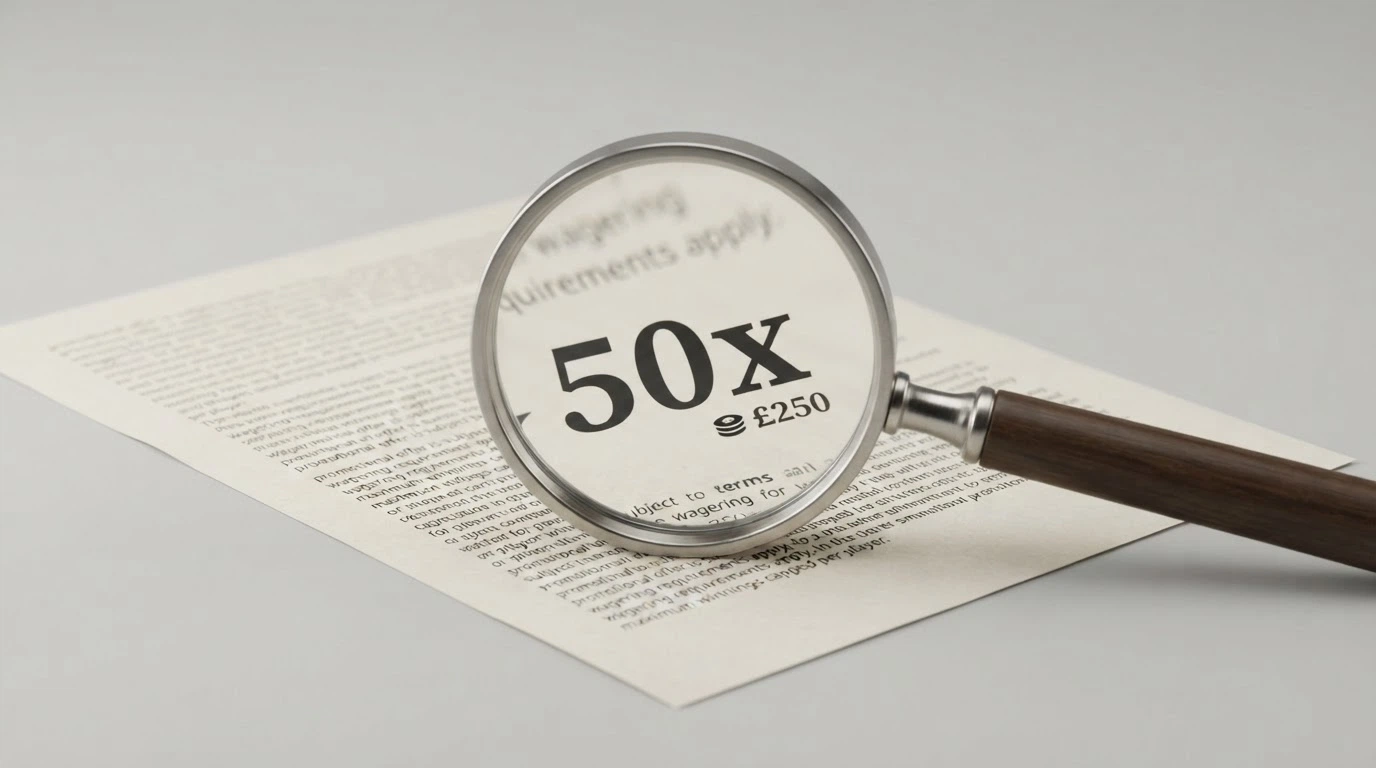 A magnifying glass held over casino bonus terms and conditions, with a large wagering multiple and a small cashout figure highlighted in contrasting colours