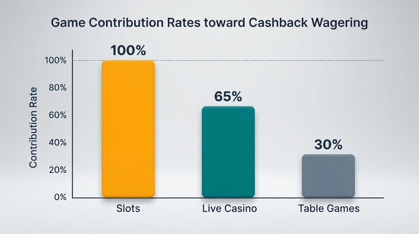 A bar chart comparing a $100 cashback bonus shrinking through wagering against slot, live casino and table game contribution percentages