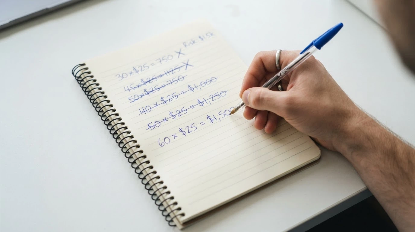 A calculator next to a notepad showing wagering requirement calculations with crossed-out figures