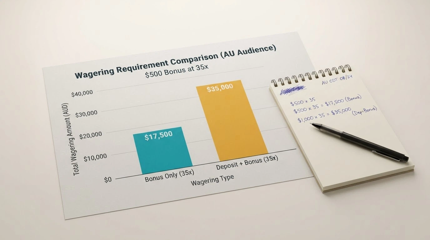 A visual breakdown showing how a A$500 bonus at 35x wagering grows into A$17,500 in required turnover before any withdrawal is possible