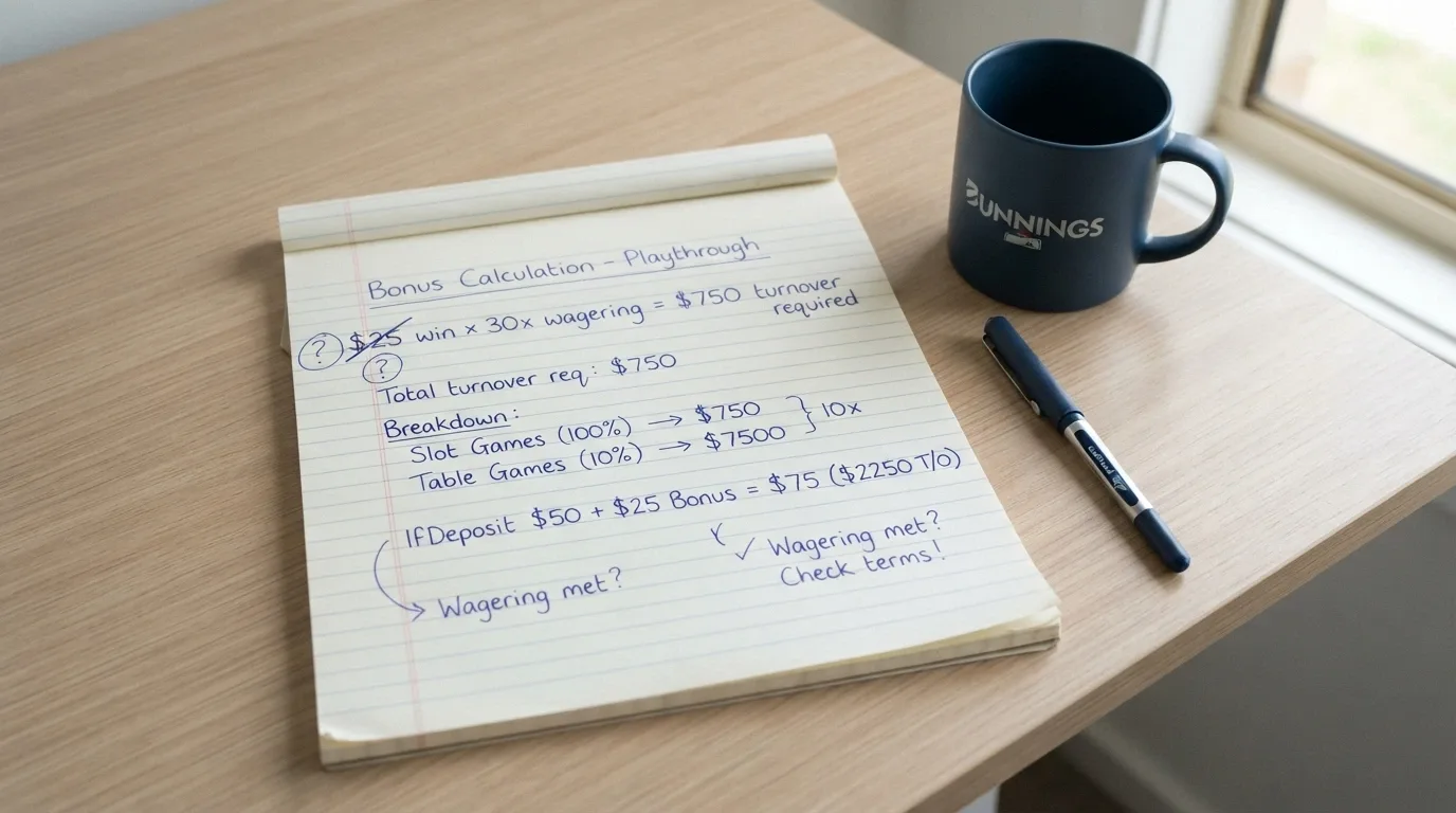 A notepad with handwritten maths: “$25 win × 30x wagering = $750 turnover required” next to a crossed-out “$25” and a circled question mark
