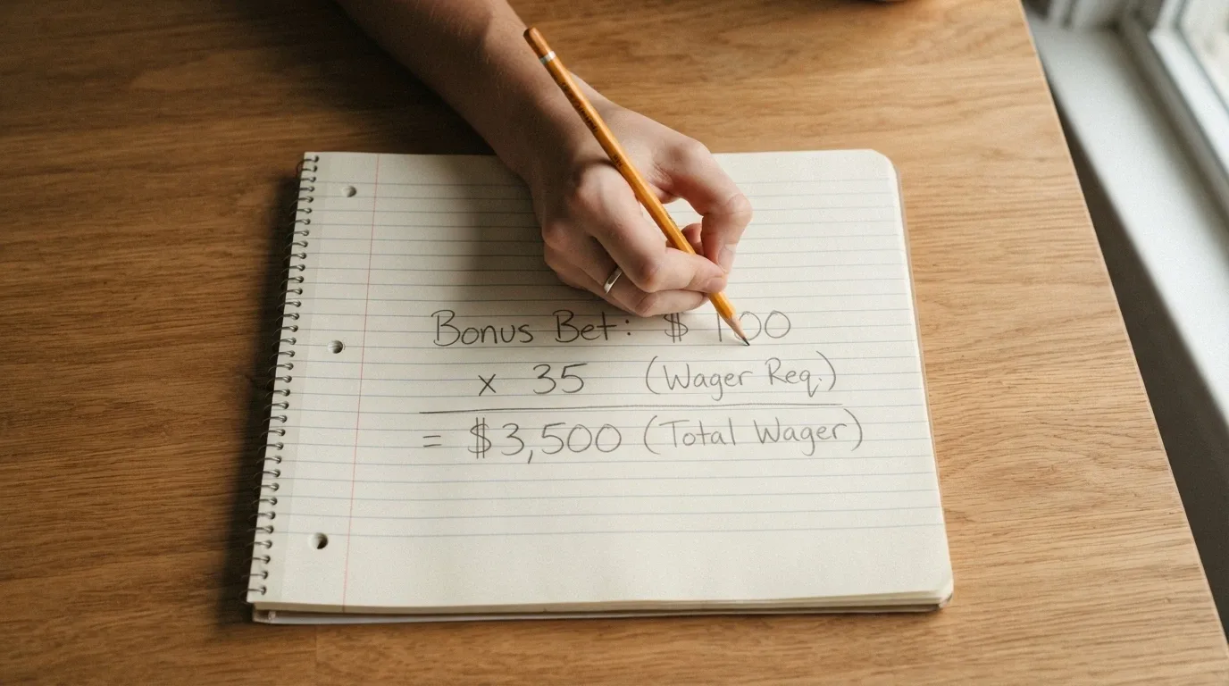 Calculator and notepad showing wagering maths: a bonus amount multiplied by the wagering requirement equals the total turnover needed before withdrawal