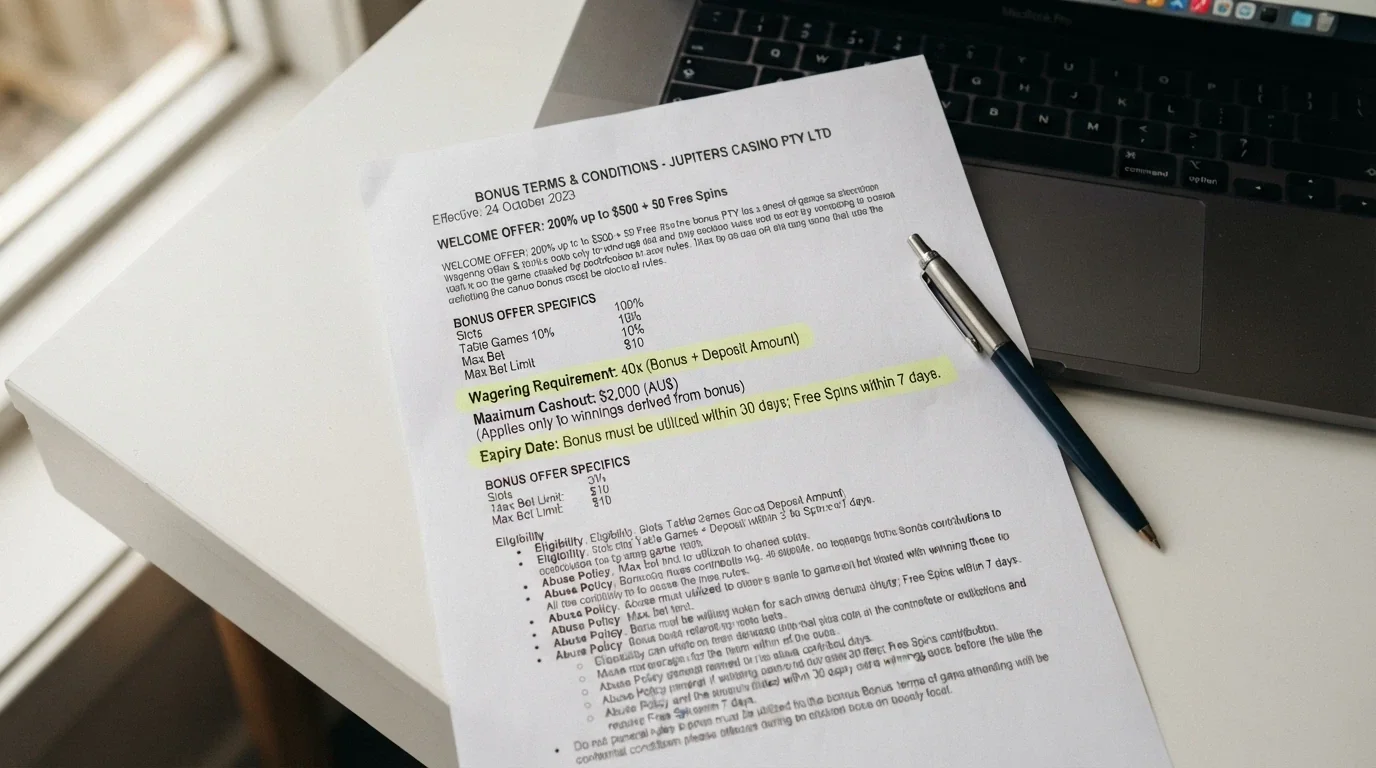 A close-up of a casino bonus terms panel with highlighted wagering requirement, maximum cashout and expiry date fields
