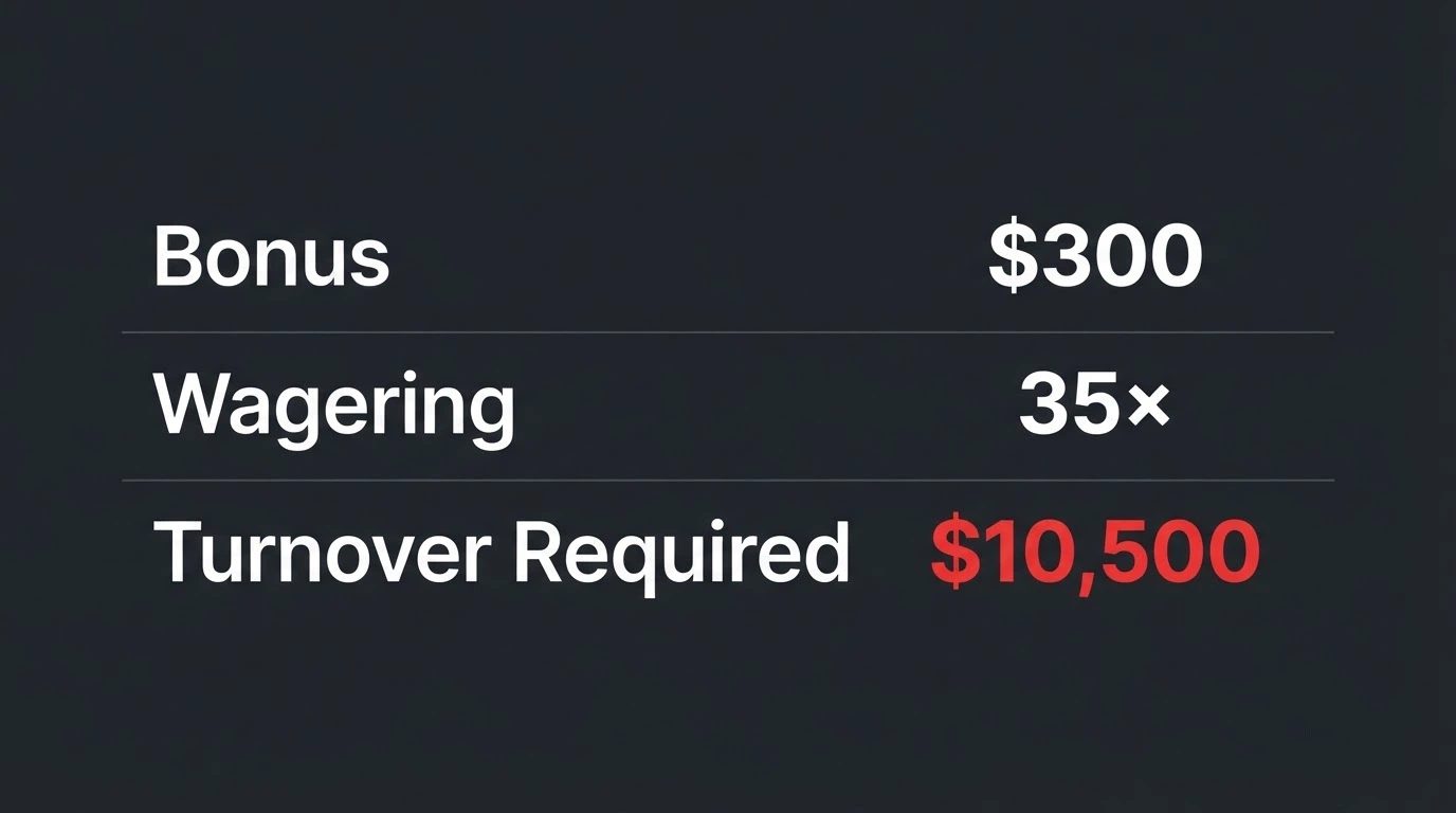 A simple table on a dark background showing three rows: Bonus $300, Wagering 35x, Turnover Required $10,500 — the last figure in red