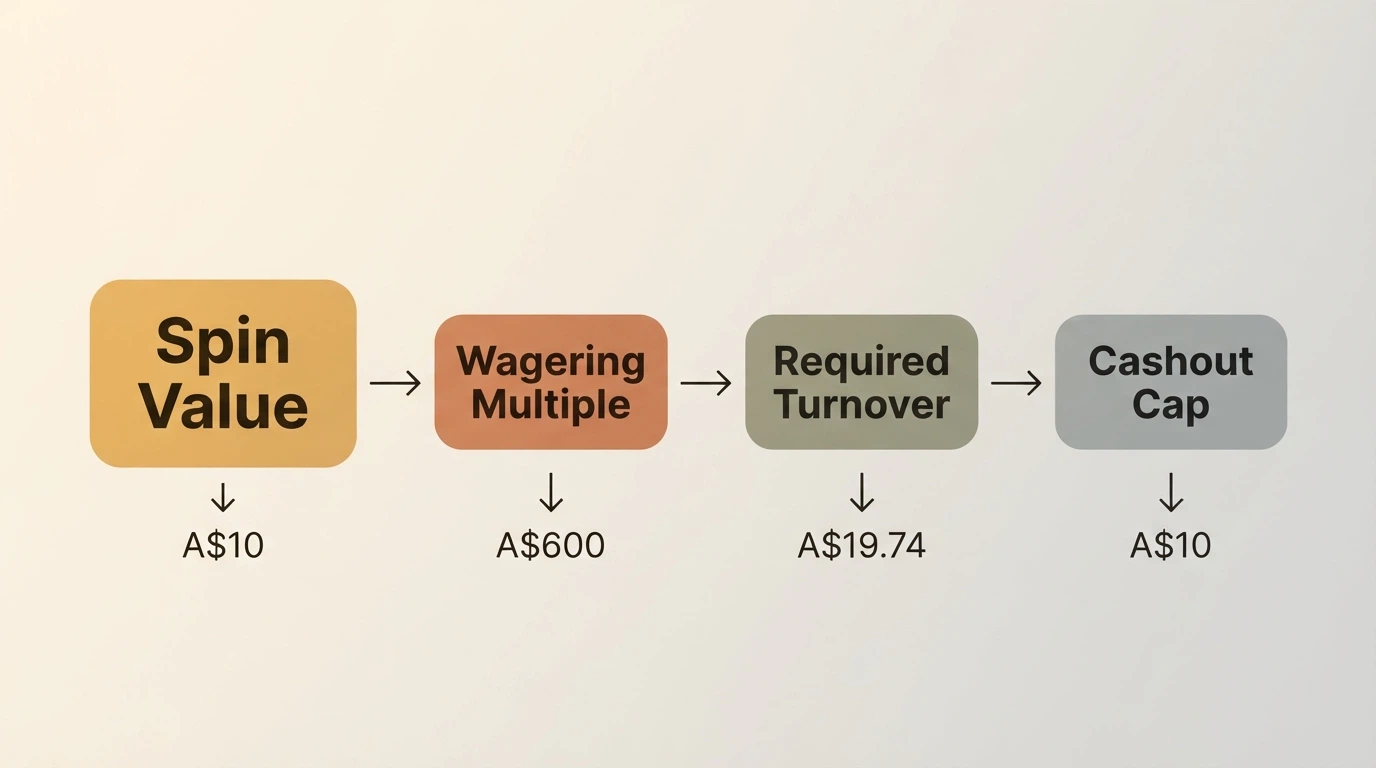 A visual chain showing a free-spins bonus shrinking through four stages: spin value → wagering multiple → required turnover → cashout cap