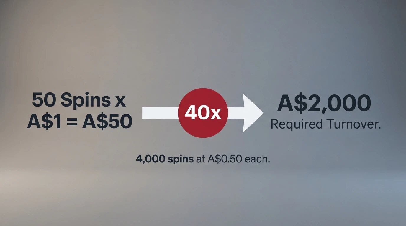 A simple diagram showing 50 free spins at A$1 each ballooning through a 40× wagering requirement into A$2,000 of required turnover