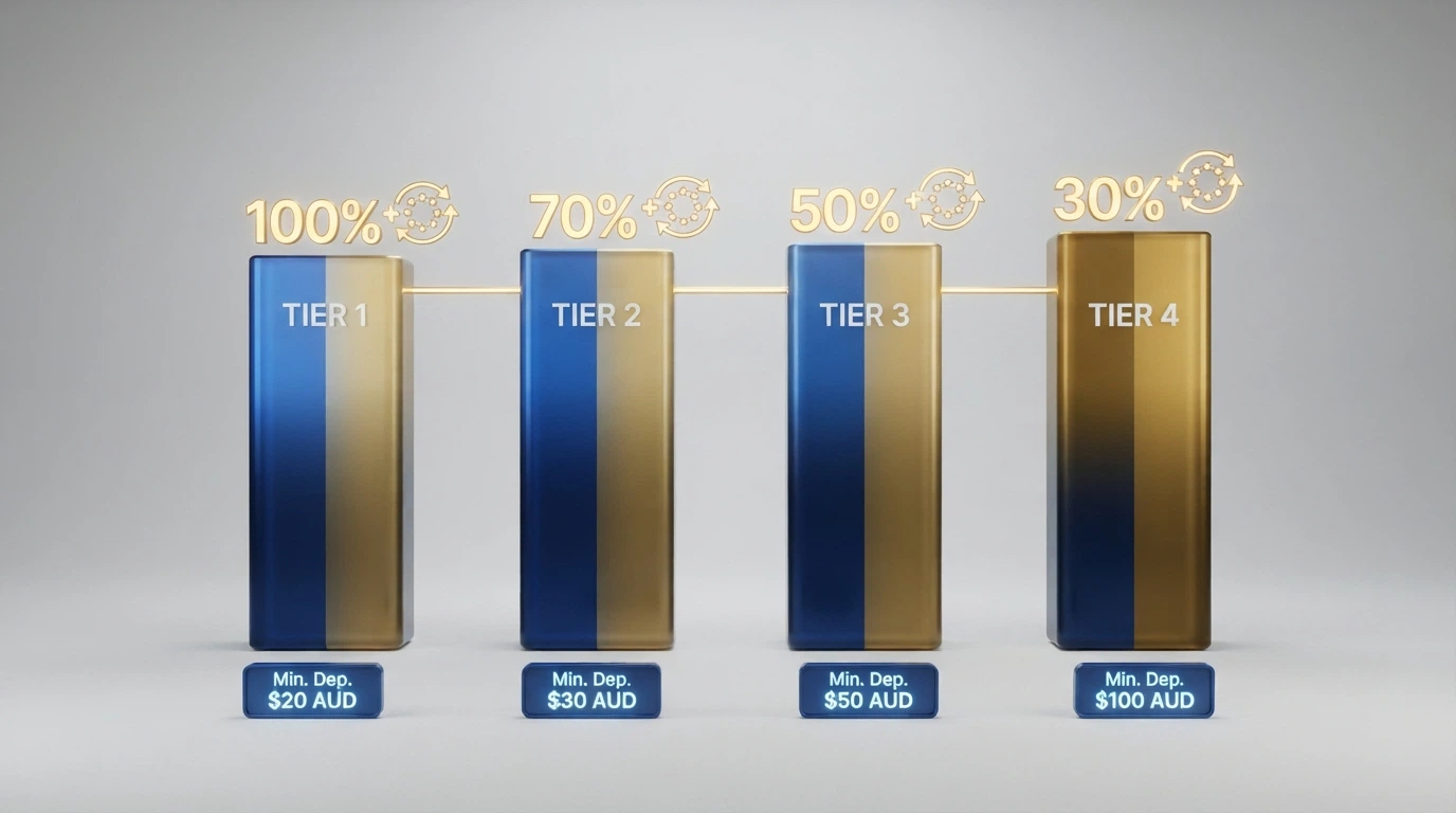 A breakdown diagram of a four-deposit welcome package showing the match percentage, free-spin allocation and minimum deposit for each tier