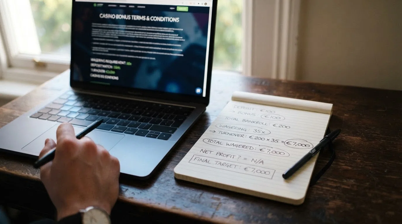 A close-up of a casino bonus terms screen on a laptop, with a notepad beside it showing handwritten calculations — wagering multiples circled, a calculator displaying a six-figure turnover sum